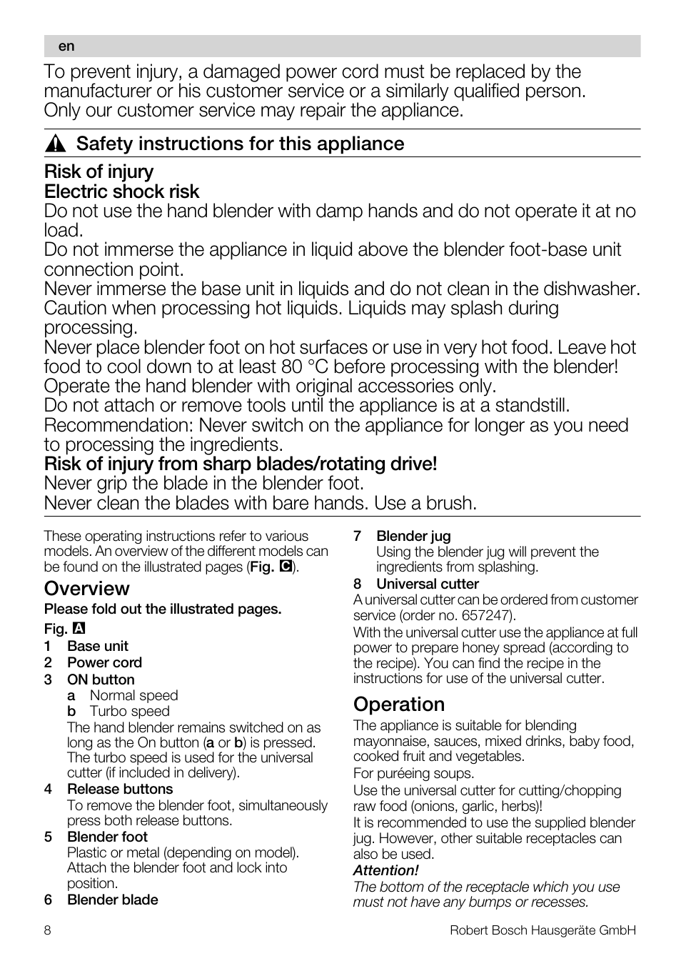 Overview, Operation | Bosch MSM66110 Mixeur plongeant blanc gris User Manual | Page 8 / 91