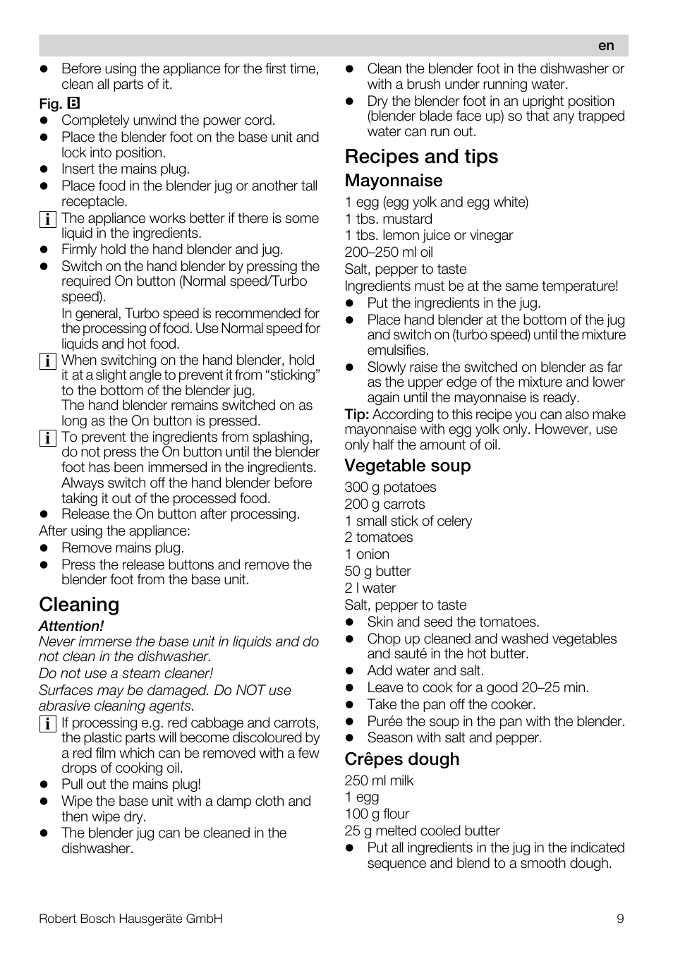 Cleaning, Recipes and tips, Mayonnaise | Vegetable soup, Crêpes dough | Bosch MSM66110 Mixeur plongeant blanc gris User Manual | Page 9 / 91