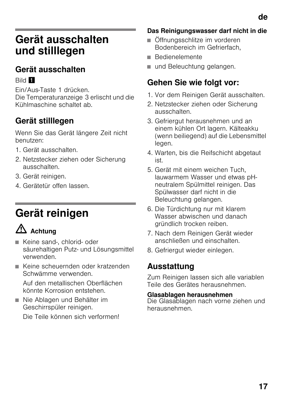 Gerät ausschalten und stilllegen, Gerät ausschalten, Gerät stilllegen | Gerät reinigen, Gehen sie wie folgt vor, Ausstattung, Glasablagen herausnehmen, Gerät ausschalten und stilllegen gerät reinigen, De 17 | Bosch KDN32X45 Réfrigérateur-congélateur 2 portes Confort User Manual | Page 17 / 95