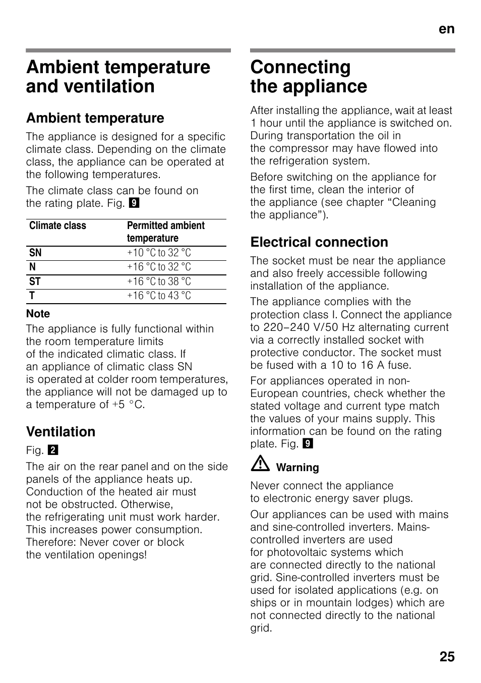 Ambient temperature and ventilation, Ambient temperature, Ventilation | Connecting the appliance, Electrical connection, Ventilation connecting the appliance, En 25 | Bosch KDN32X45 Réfrigérateur-congélateur 2 portes Confort User Manual | Page 25 / 95