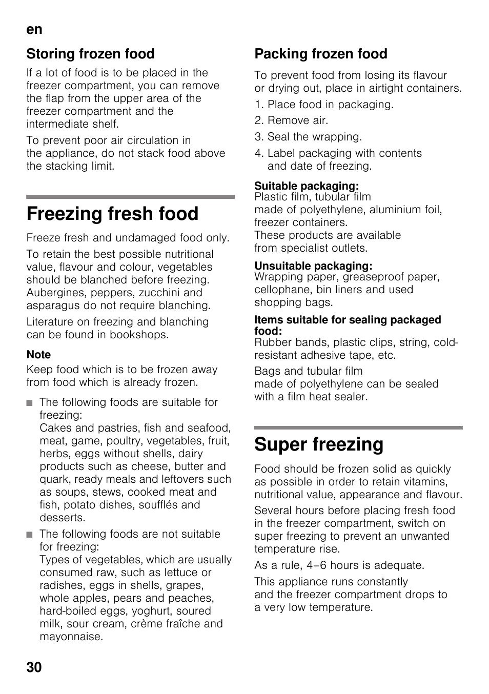 Storing frozen food, Freezing fresh food, Packing frozen food | Suitable packaging, Unsuitable packaging, Items suitable for sealing packaged food, Super freezing, Freezing fresh food super freezing, En 30 storing frozen food | Bosch KDN32X45 Réfrigérateur-congélateur 2 portes Confort User Manual | Page 30 / 95