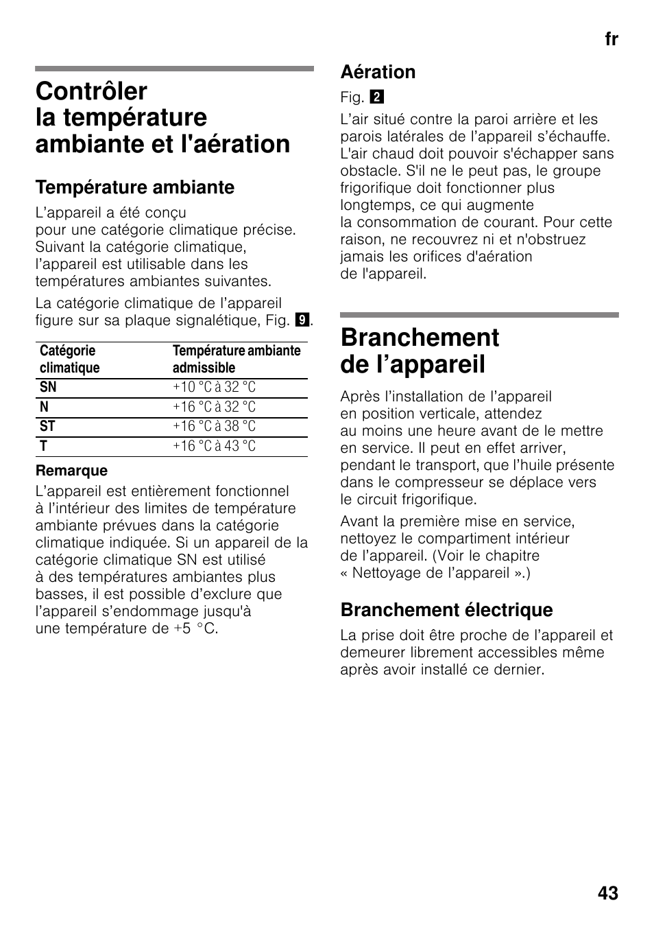 Contrôler la température ambiante et l'aération, Température ambiante, Aération | Branchement de l’appareil, Branchement électrique, Et l'aération branchement de l’appareil, Fr 43 | Bosch KDN32X45 Réfrigérateur-congélateur 2 portes Confort User Manual | Page 43 / 95