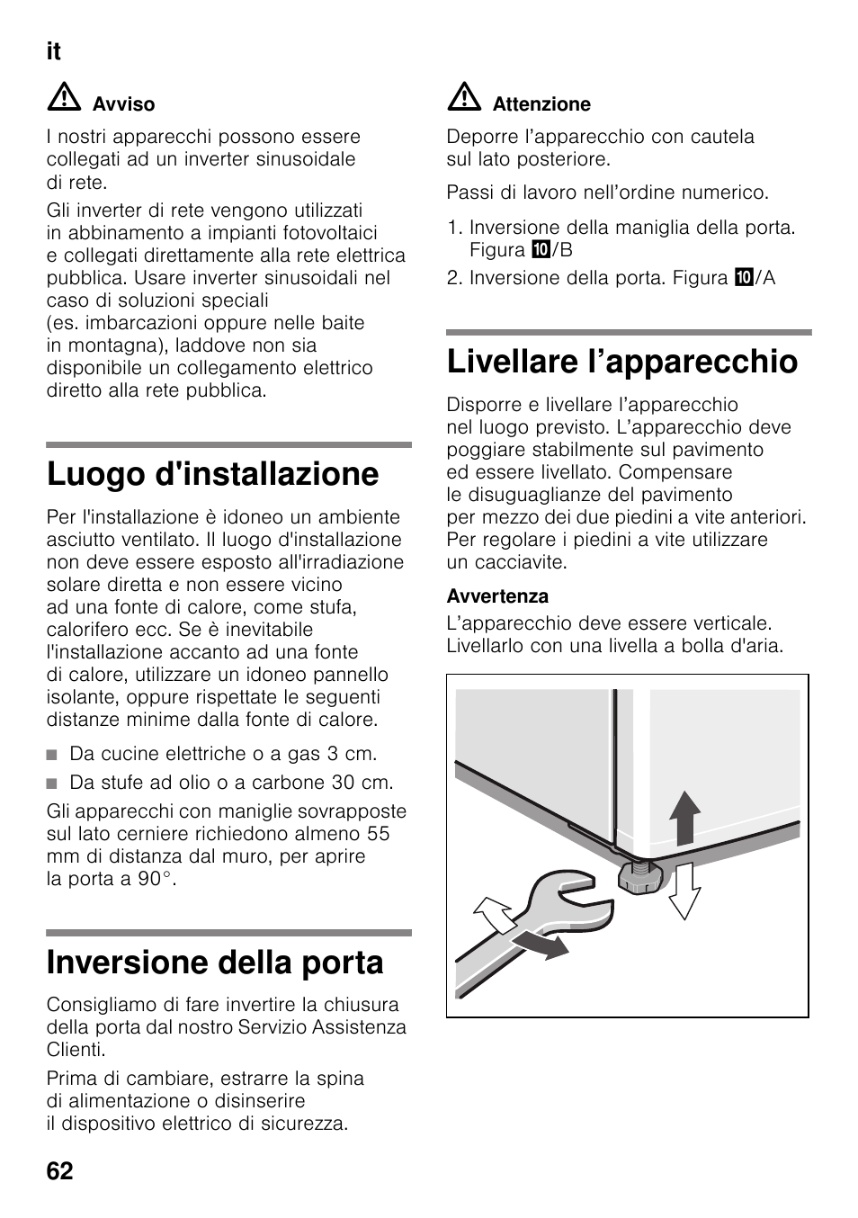 Luogo d'installazione, Inversione della porta, Livellare l’apparecchio | It 62 | Bosch KDN32X45 Réfrigérateur-congélateur 2 portes Confort User Manual | Page 62 / 95