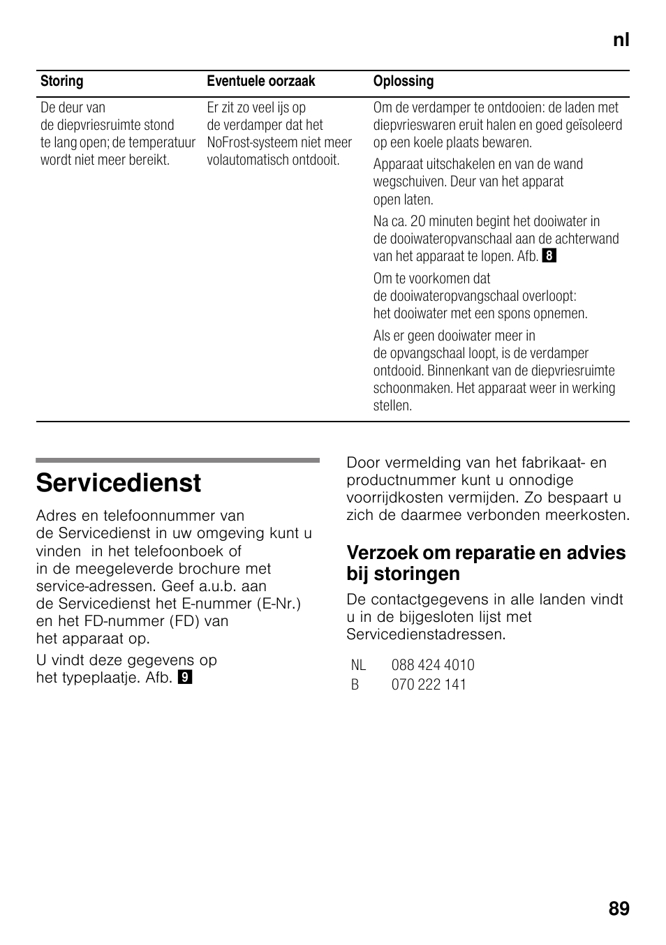 Servicedienst, Verzoek om reparatie en advies bij storingen, Nl 89 | Bosch KDN32X45 Réfrigérateur-congélateur 2 portes Confort User Manual | Page 89 / 95