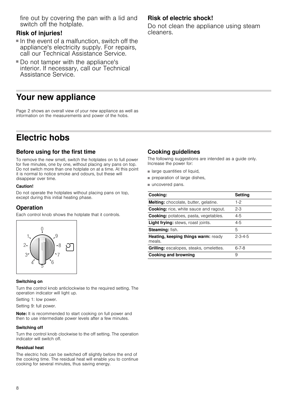 Risk of injuries, Risk of electric shock, Do not clean the appliance using steam cleaners | Your new appliance, Electric hobs, Before using for the first time, Caution, Operation, Switching on, Note | Bosch NCT615C01 Table électrique 60cm User Manual | Page 8 / 23