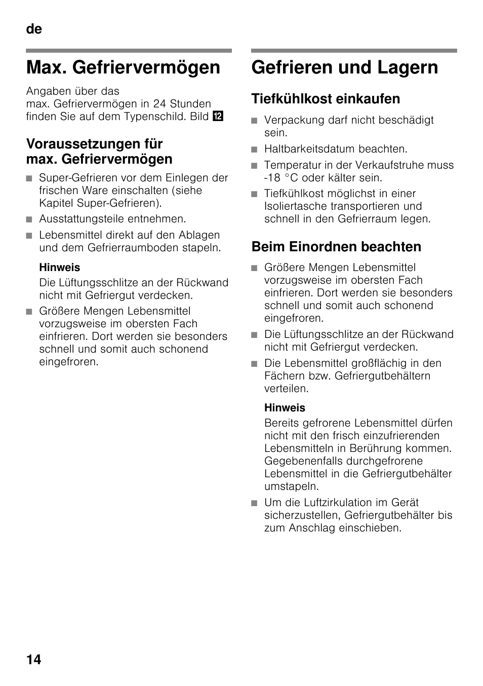 Max. gefriervermögen, Voraussetzungen für max. gefriervermögen, Gefrieren und lagern | Tiefkühlkost einkaufen, Beim einordnen beachten, De 14 | Bosch GSN33VW30 User Manual | Page 14 / 98