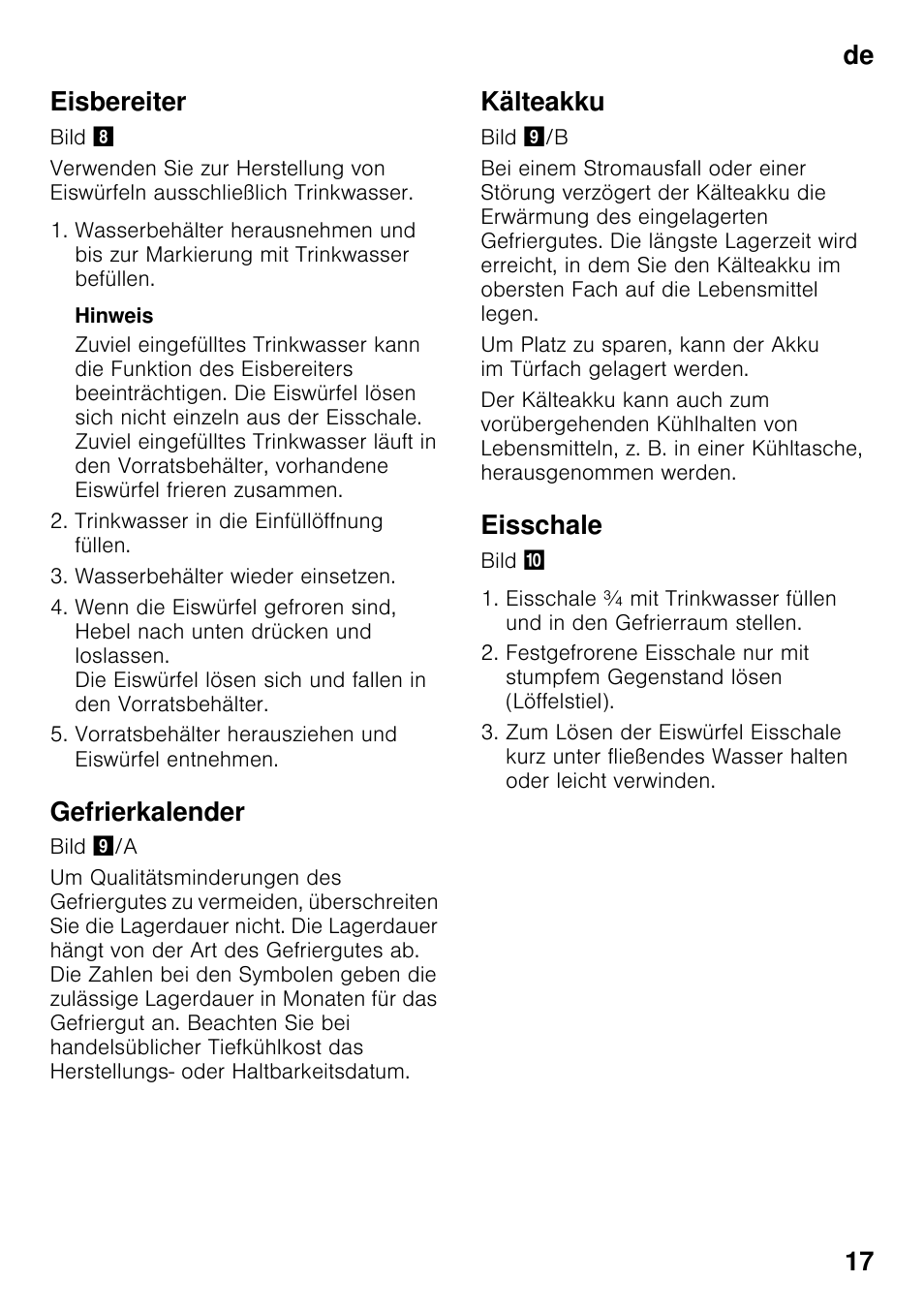 Eisbereiter, Gefrierkalender, Kälteakku | Eisschale, De 17 eisbereiter | Bosch GSN33VW30 User Manual | Page 17 / 98