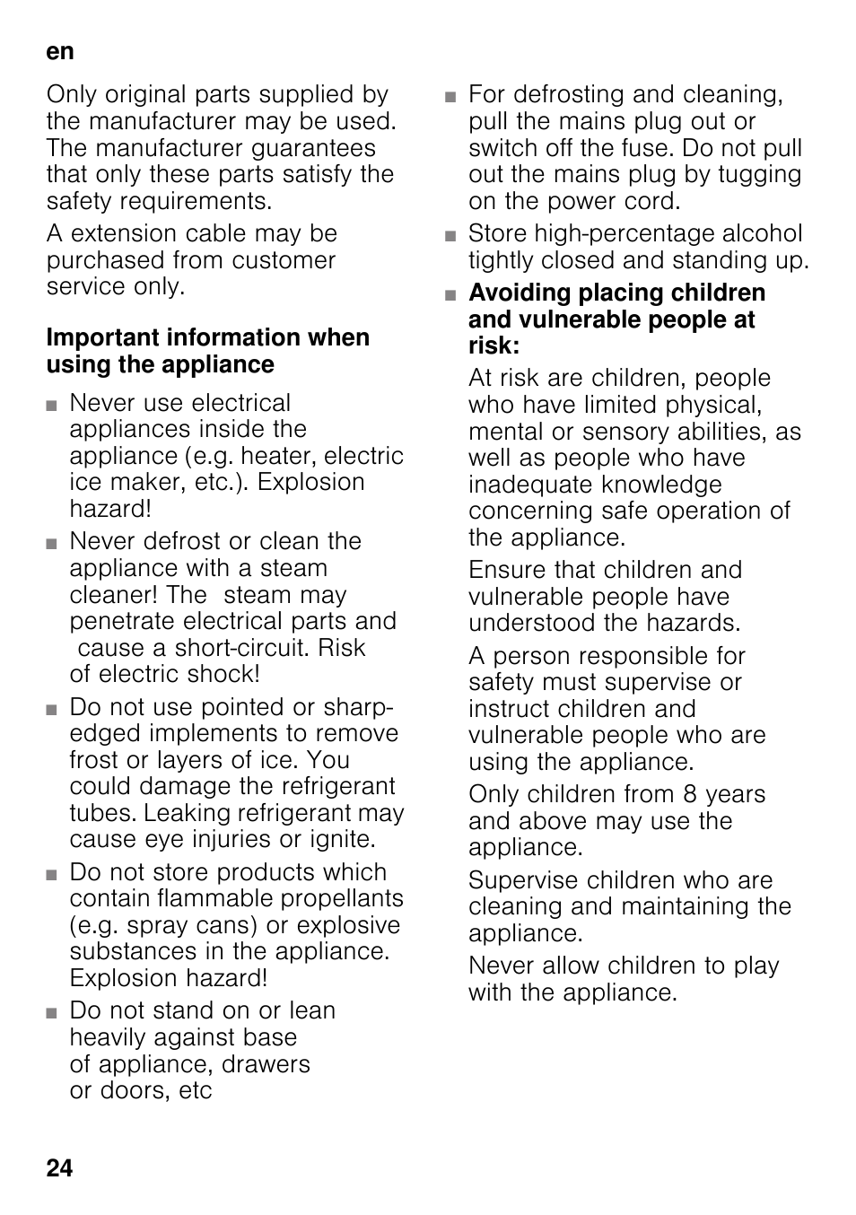 Important information when using the appliance | Bosch GSN33VW30 User Manual | Page 24 / 98