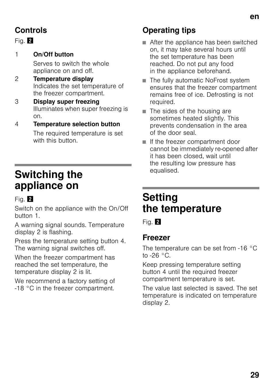 Controls, Switching the appliance on, Operating tips | Setting the temperature, Freezer, Switching the appliance on setting the temperature, En 29 controls | Bosch GSN33VW30 User Manual | Page 29 / 98