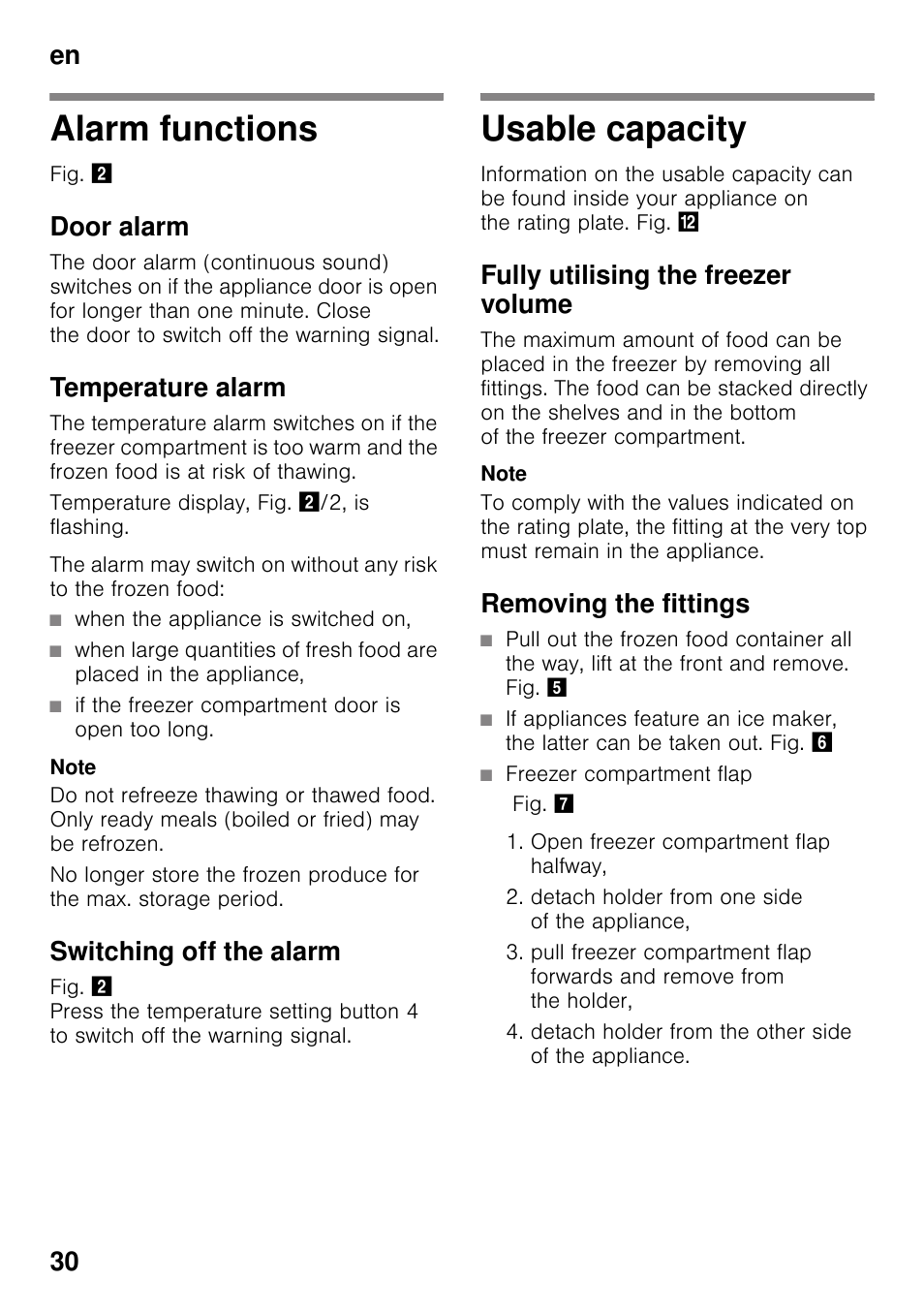 Alarm functions, Door alarm, Temperature alarm | Switching off the alarm, Usable capacity, Fully utilising the freezer volume, Removing the fittings, Alarm functions usable capacity, En 30 | Bosch GSN33VW30 User Manual | Page 30 / 98