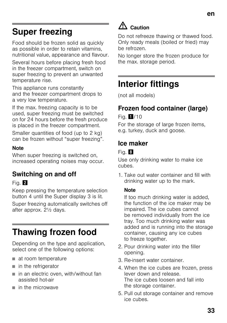 Super freezing, Switching on and off, Thawing frozen food | Interior fittings, Frozen food container (large), Ice maker, En 33 | Bosch GSN33VW30 User Manual | Page 33 / 98