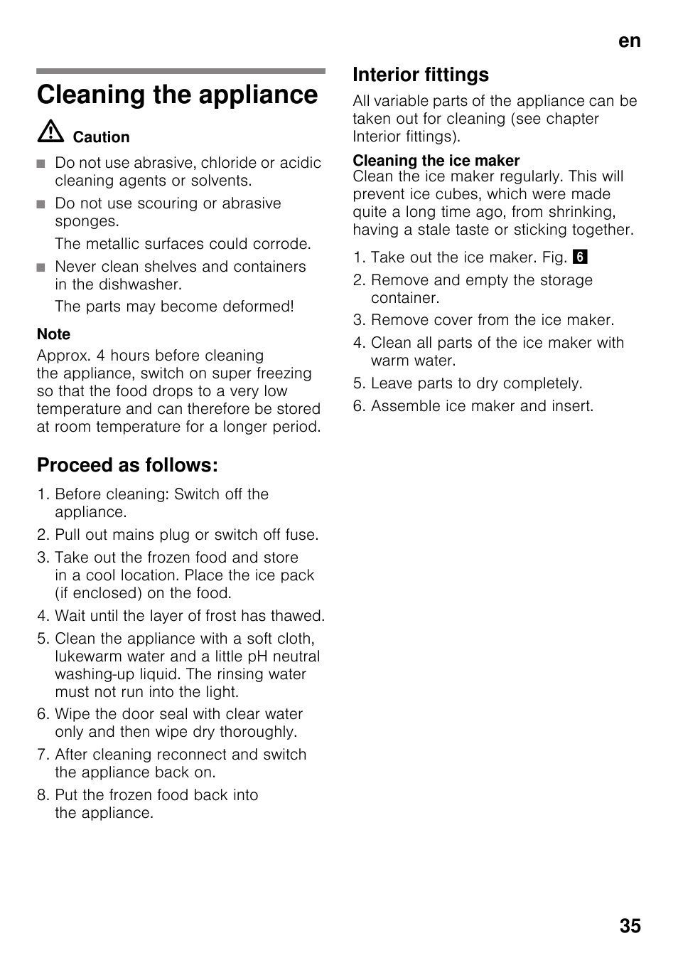 Cleaning the appliance, Proceed as follows, Interior fittings | Cleaning the ice maker, En 35 | Bosch GSN33VW30 User Manual | Page 35 / 98