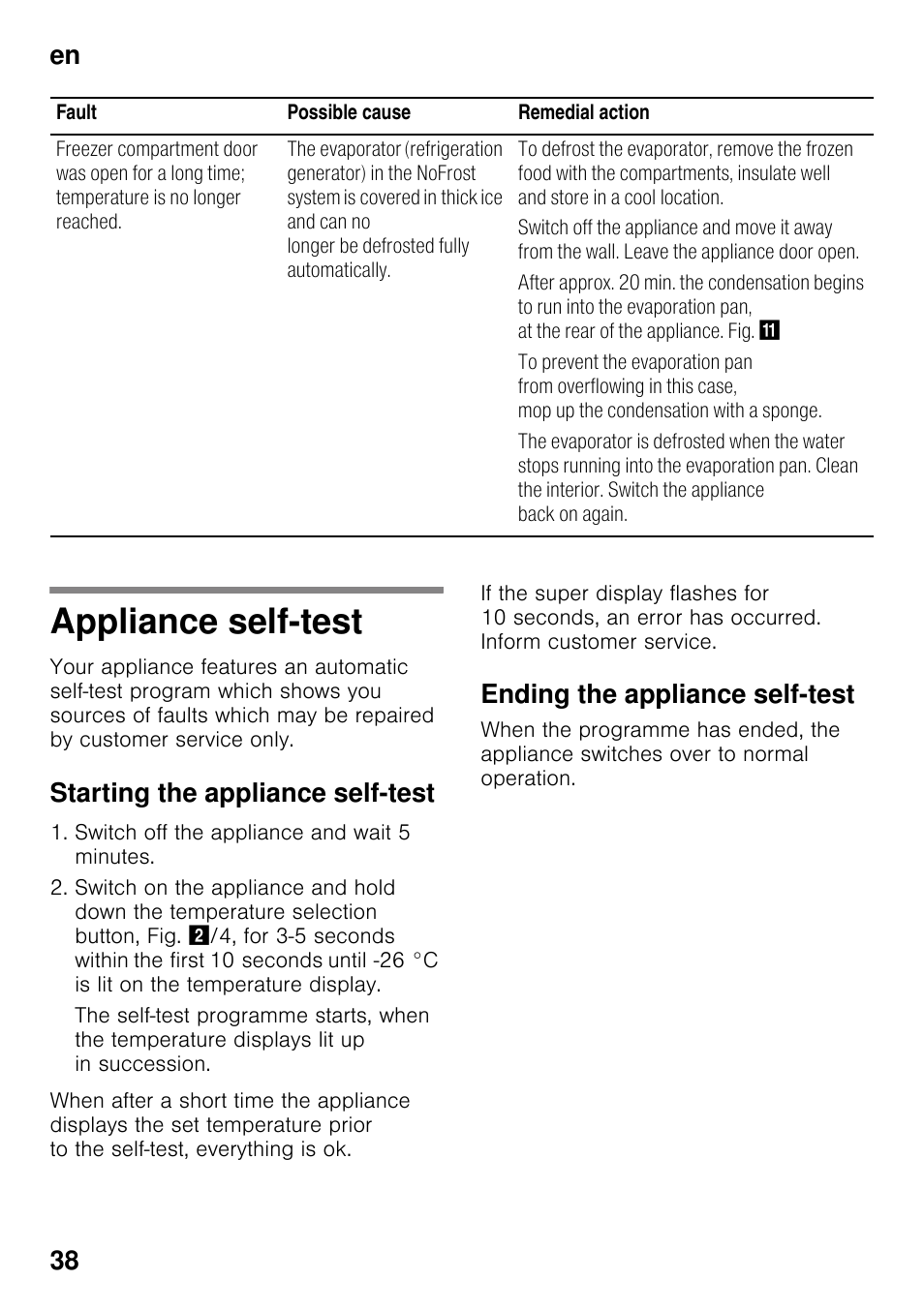 Appliance self-test, Starting the appliance self-test, Ending the appliance self-test | En 38 | Bosch GSN33VW30 User Manual | Page 38 / 98