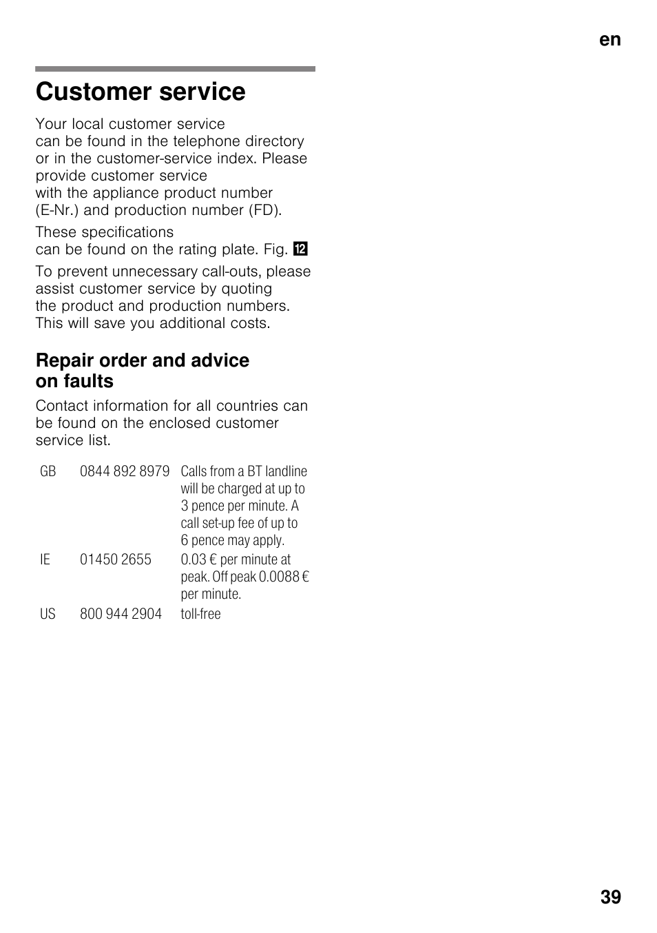 Customer service, Repair order and advice on faults, En 39 | Bosch GSN33VW30 User Manual | Page 39 / 98