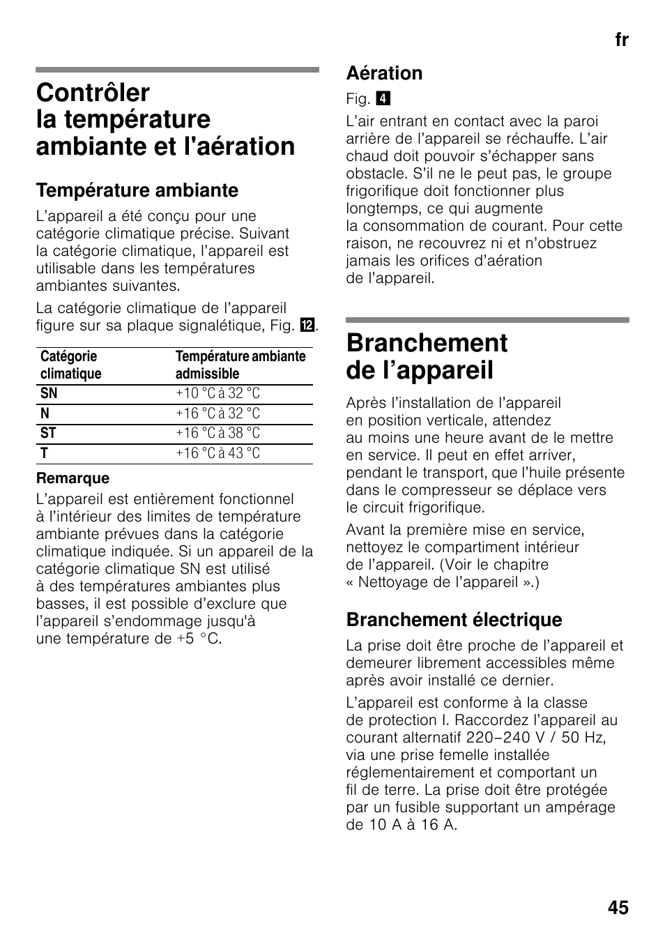 Contrôler la température ambiante et l'aération, Température ambiante, Aération | Branchement de l’appareil, Branchement électrique, Ambiante et l'aération branchement de l’appareil, Fr 45 | Bosch GSN33VW30 User Manual | Page 45 / 98