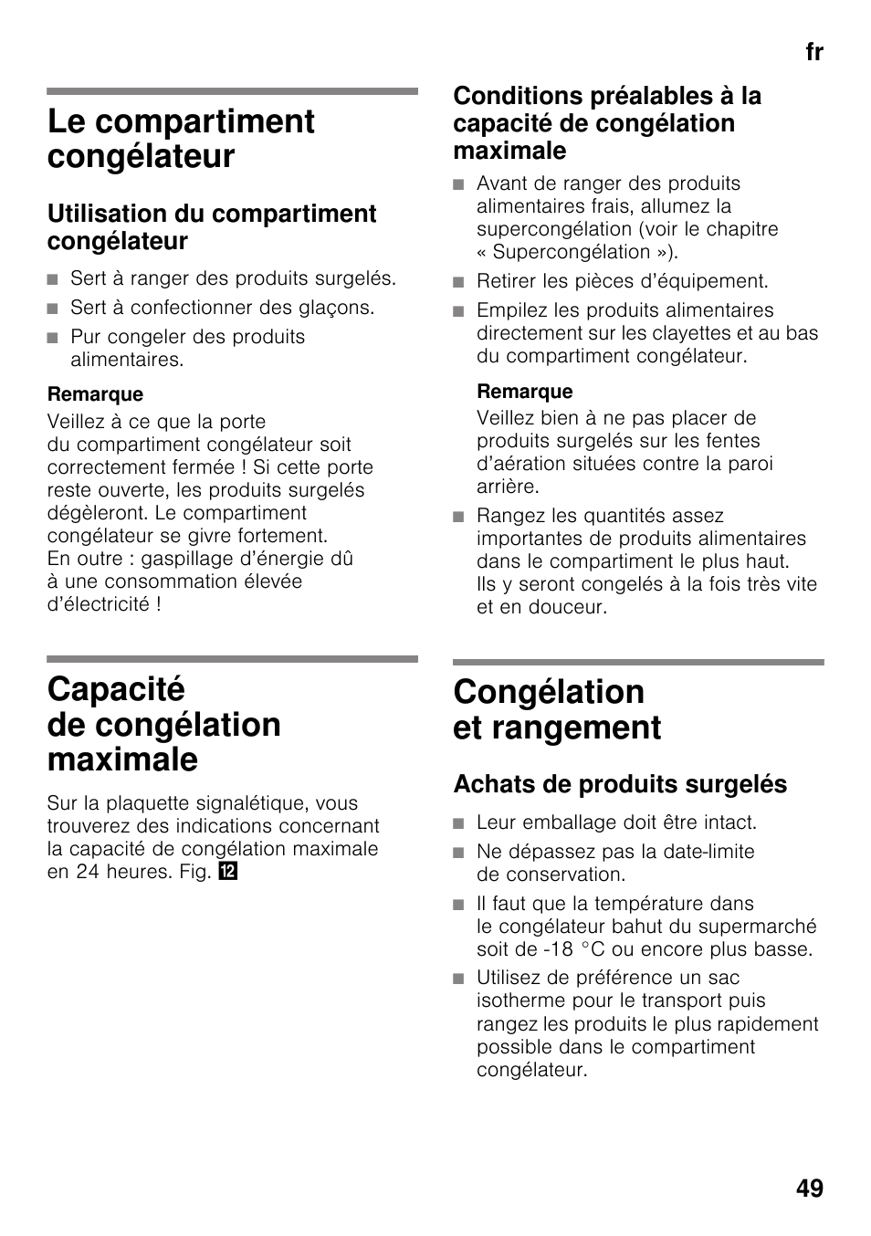 Le compartiment congélateur, Utilisation du compartiment congélateur, Capacité de congélation maximale | Congélation et rangement, Achats de produits surgelés, Fr 49 | Bosch GSN33VW30 User Manual | Page 49 / 98