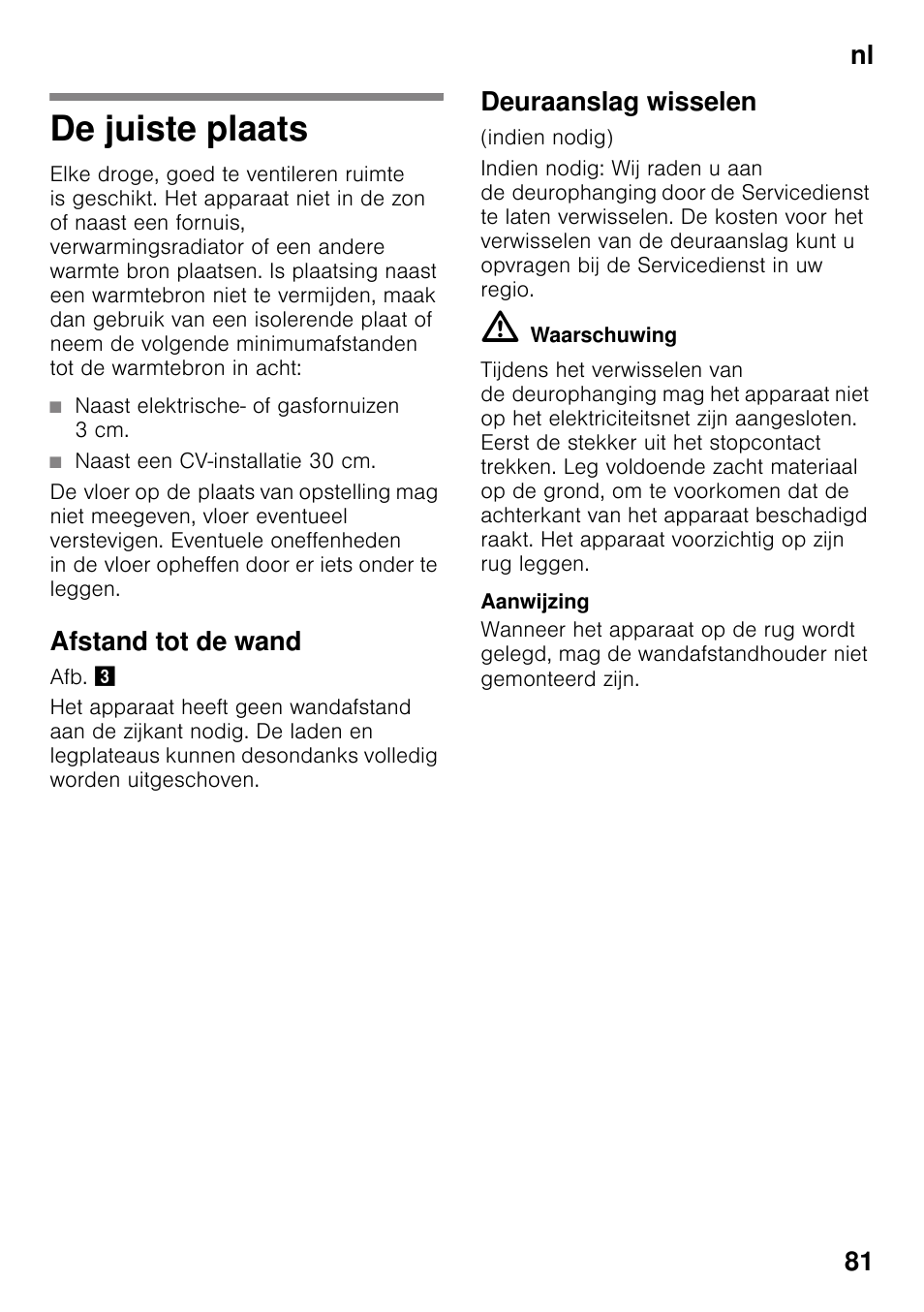 De juiste plaats, Afstand tot de wand, Deuraanslag wisselen | Nl 81 | Bosch GSN33VW30 User Manual | Page 81 / 98