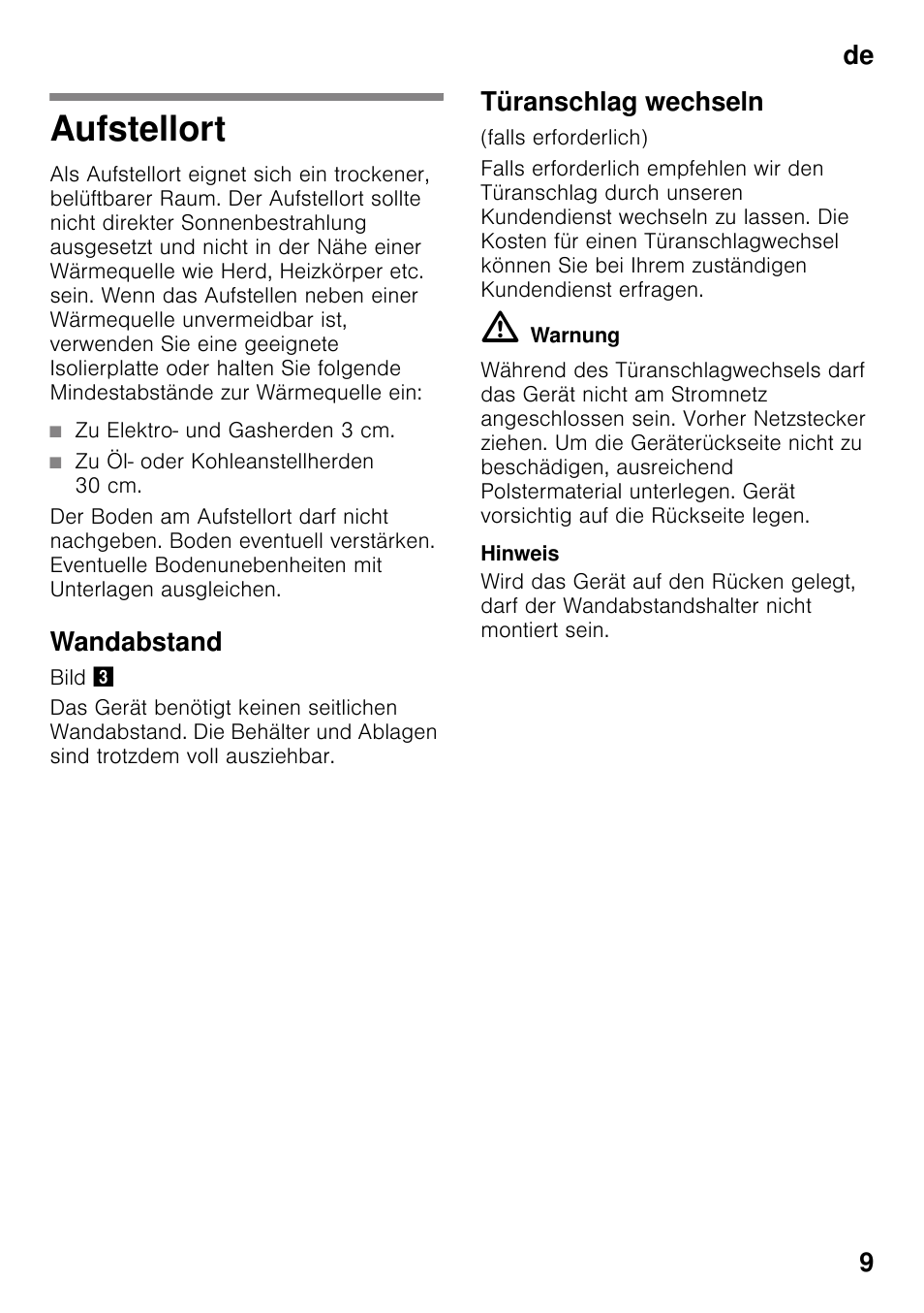 Aufstellort, Wandabstand, Türanschlag wechseln | De 9 | Bosch GSN33VW30 User Manual | Page 9 / 98