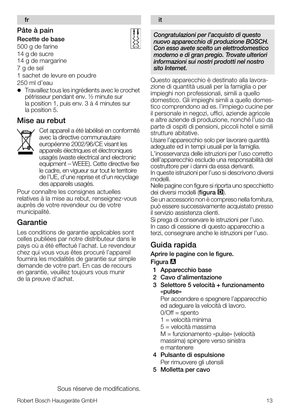 Mise au rebut, Garantie, Guida rapida | Bosch MFQ4020 Batteur blanc anthracite User Manual | Page 13 / 70