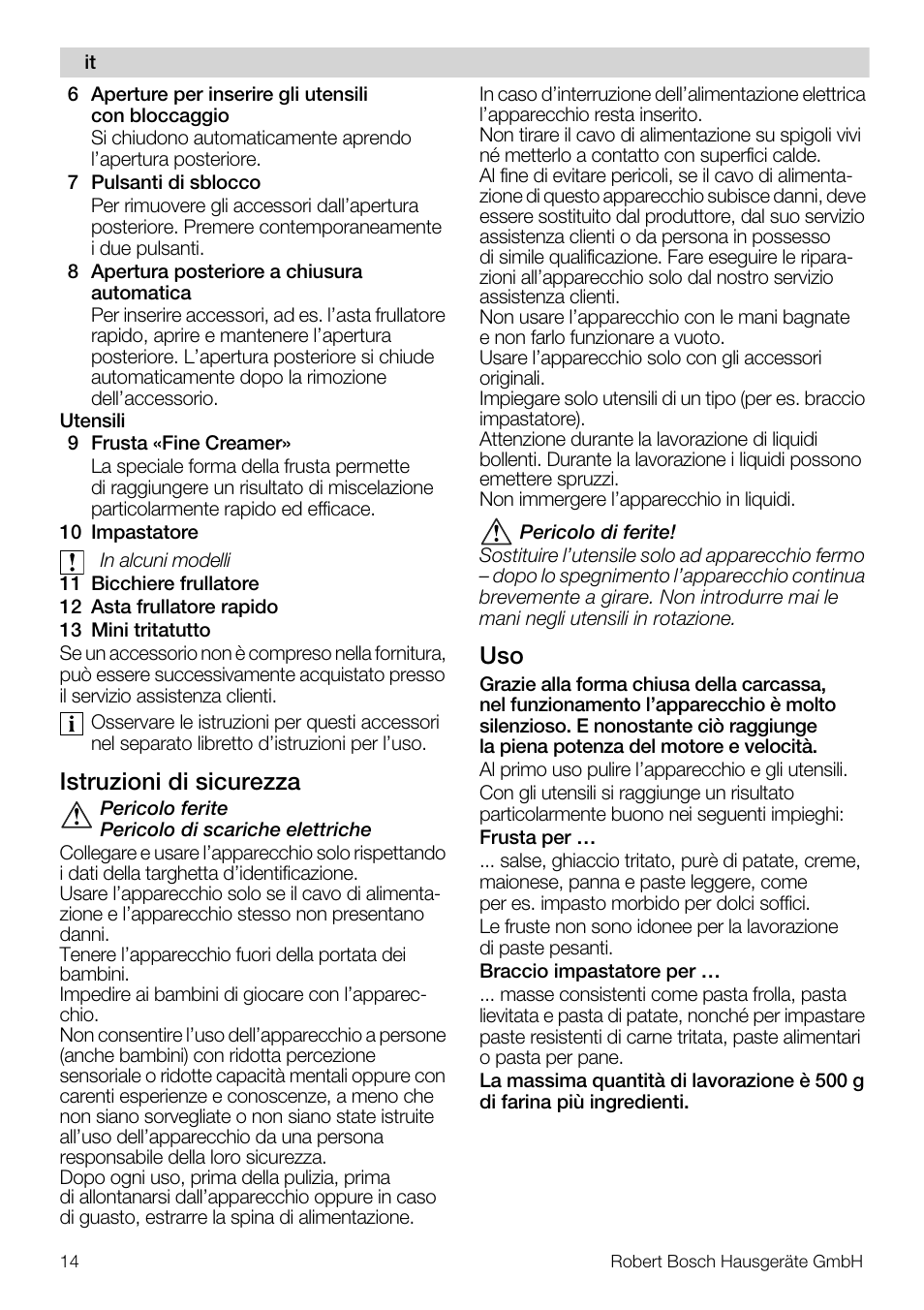 Istruzioni di sicurezza | Bosch MFQ4020 Batteur blanc anthracite User Manual | Page 14 / 70
