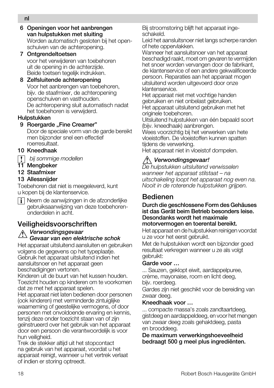 Veiligheidsvoorschriften, Bedienen | Bosch MFQ4020 Batteur blanc anthracite User Manual | Page 18 / 70