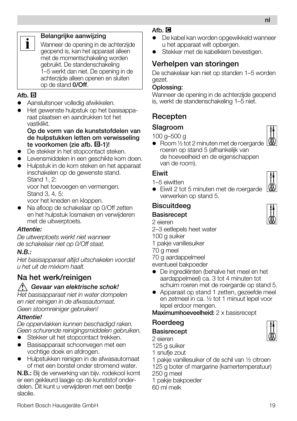 Na het werk/reinigen, Verhelpen van storingen, Recepten | Bosch MFQ4020 Batteur blanc anthracite User Manual | Page 19 / 70