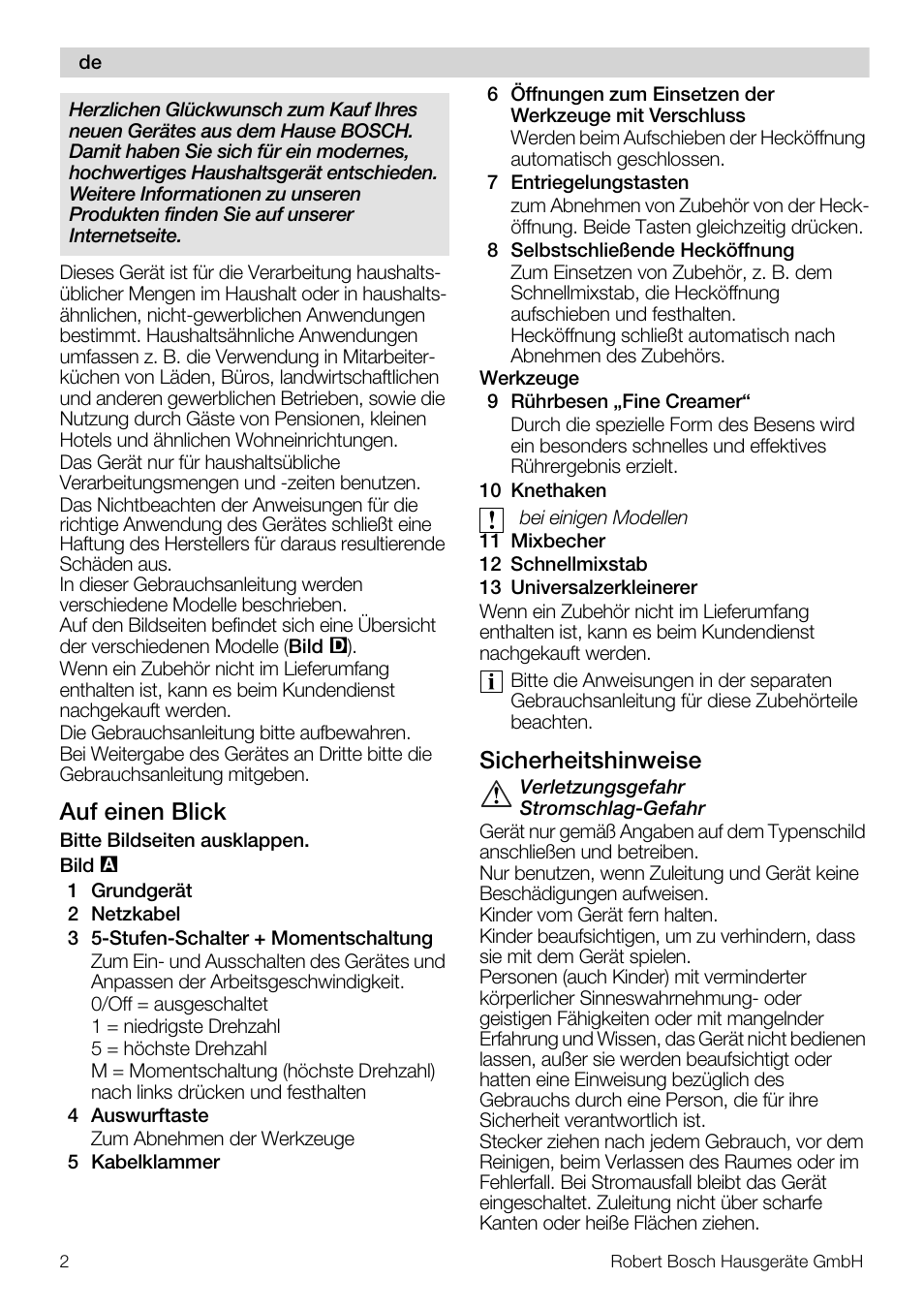 Auf einen blick, Sicherheitshinweise | Bosch MFQ4020 Batteur blanc anthracite User Manual | Page 2 / 70