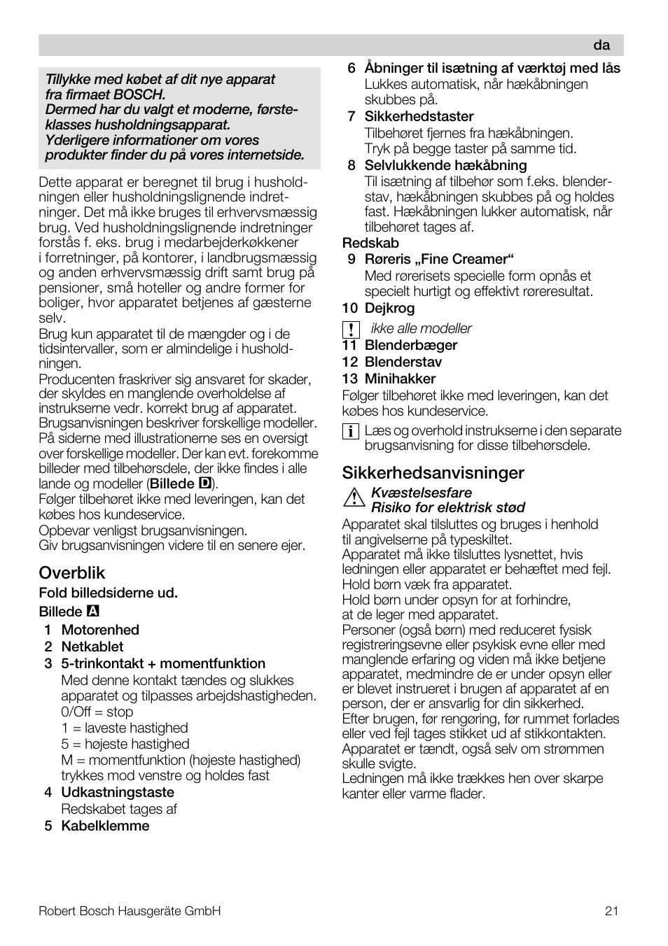 Overblik, Sikkerhedsanvisninger | Bosch MFQ4020 Batteur blanc anthracite User Manual | Page 21 / 70