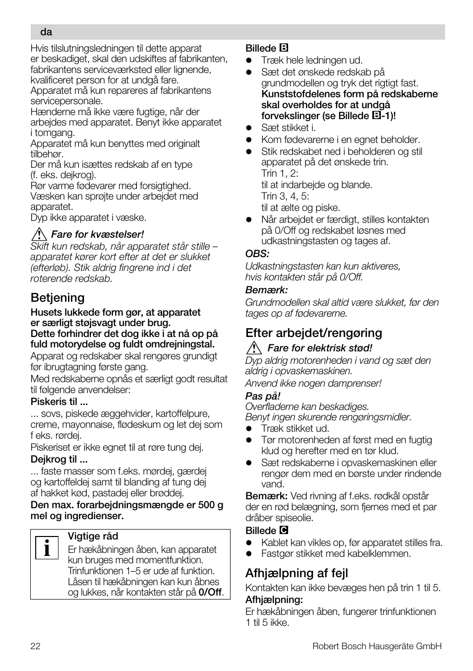 Betjening, Efter arbejdet/rengøring, Afhjælpning af fejl | Bosch MFQ4020 Batteur blanc anthracite User Manual | Page 22 / 70