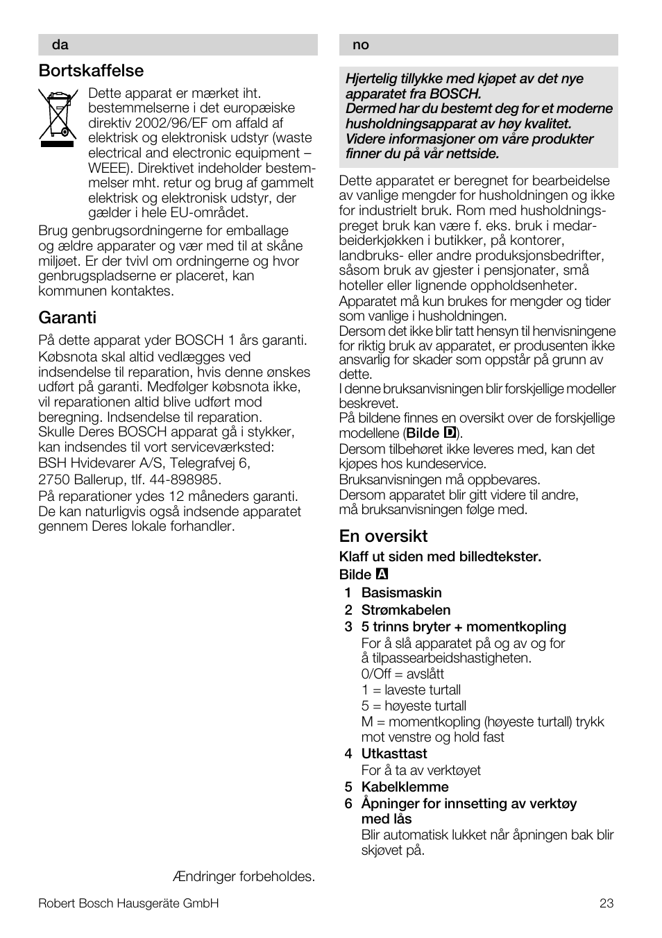 Bortskaffelse, Garanti, En oversikt | Bosch MFQ4020 Batteur blanc anthracite User Manual | Page 23 / 70