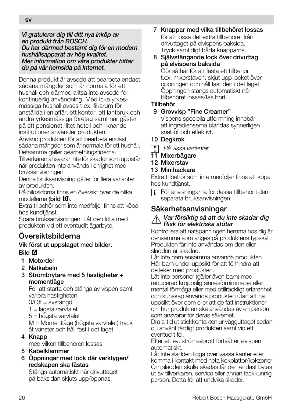 Översiktsbilderna, Säkerhetsanvisningar | Bosch MFQ4020 Batteur blanc anthracite User Manual | Page 26 / 70