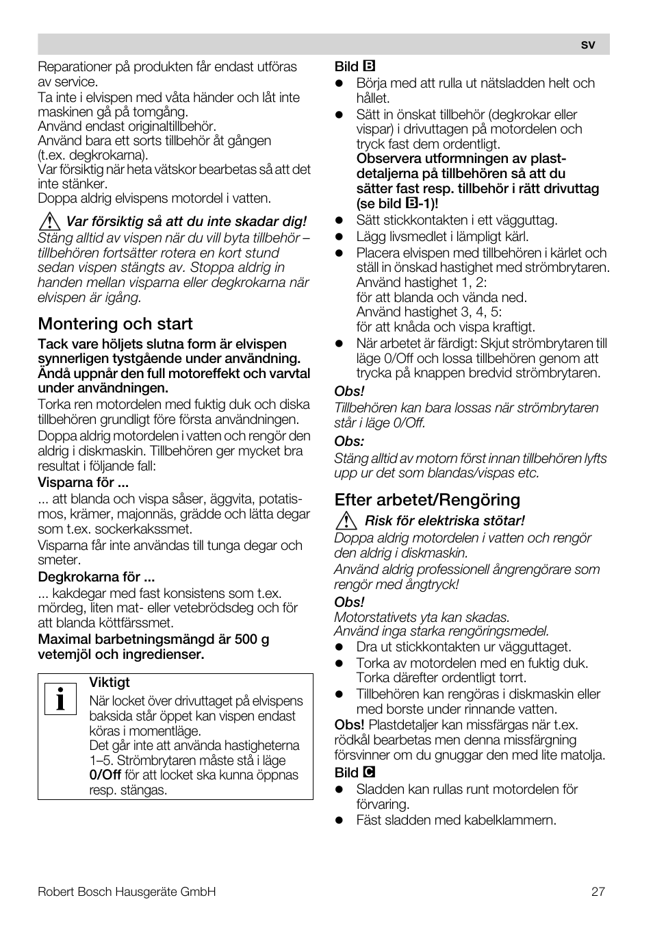 Montering och start, Efter arbetet/rengöring | Bosch MFQ4020 Batteur blanc anthracite User Manual | Page 27 / 70