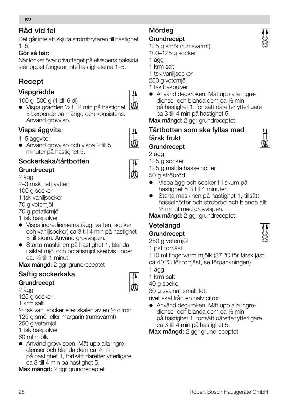 Råd vid fel, Recept | Bosch MFQ4020 Batteur blanc anthracite User Manual | Page 28 / 70