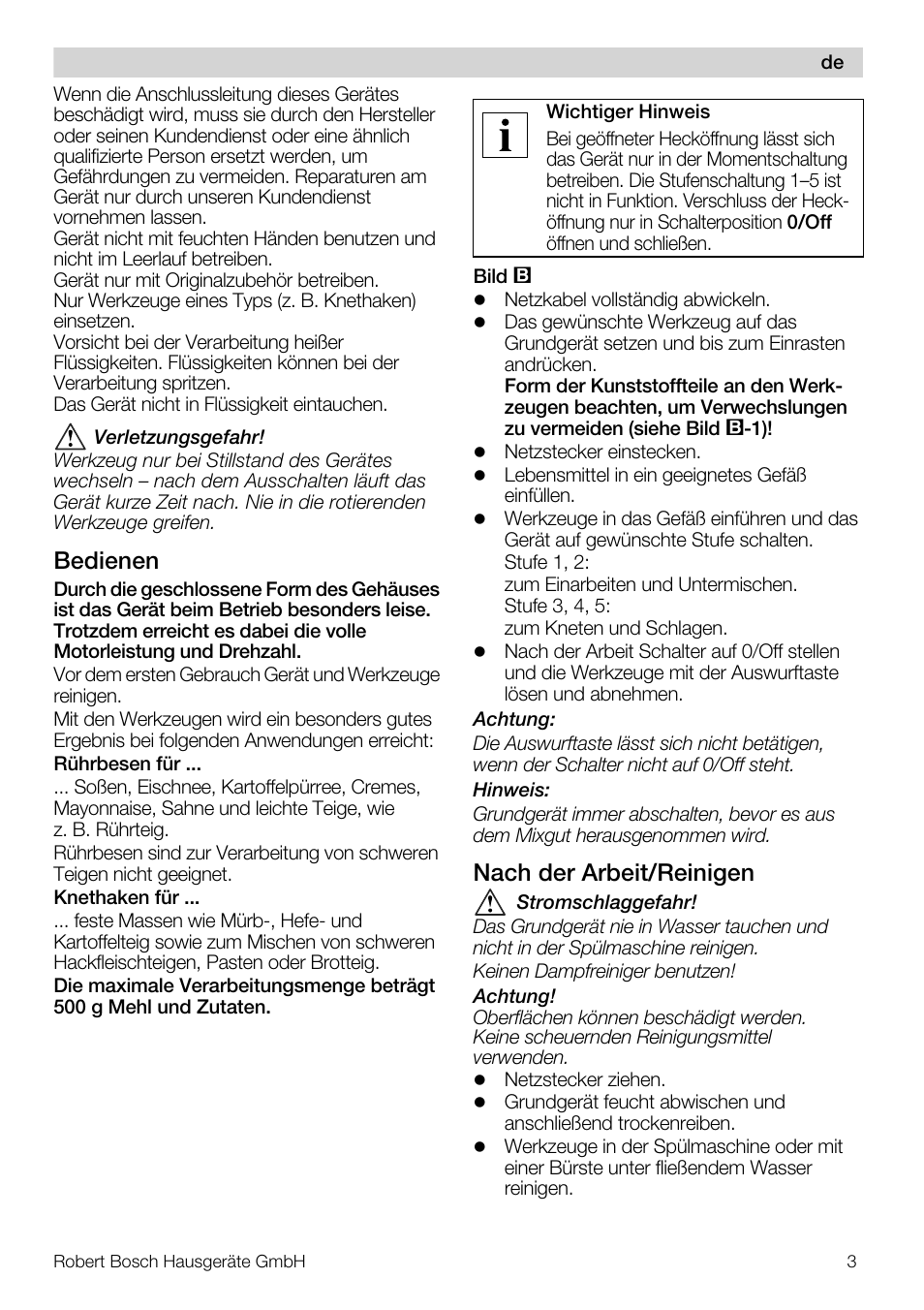 Bedienen, Nach der arbeit/reinigen | Bosch MFQ4020 Batteur blanc anthracite User Manual | Page 3 / 70