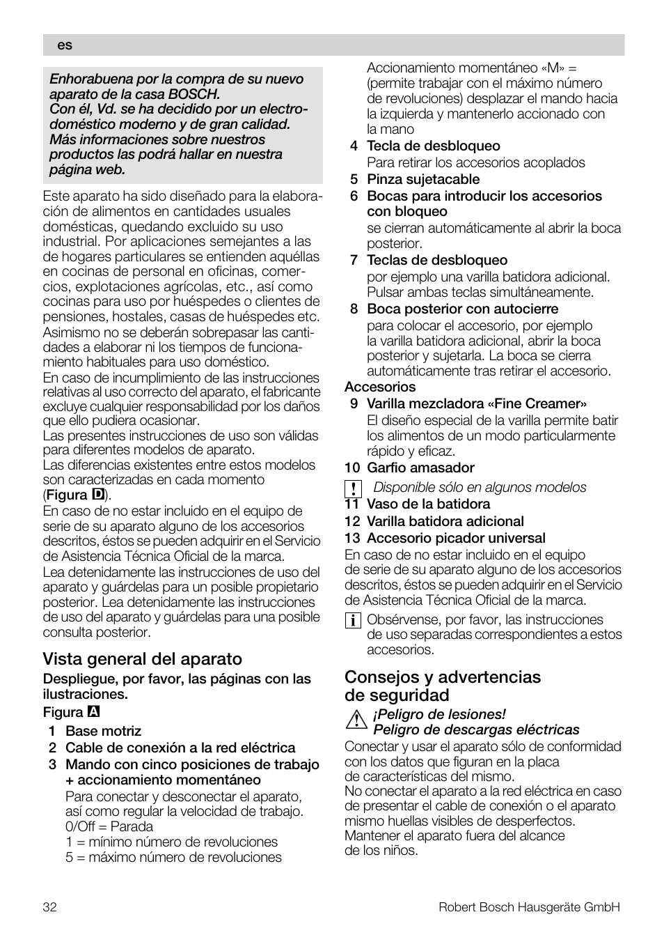 Vista general del aparato, Consejos y advertencias de seguridad | Bosch MFQ4020 Batteur blanc anthracite User Manual | Page 32 / 70