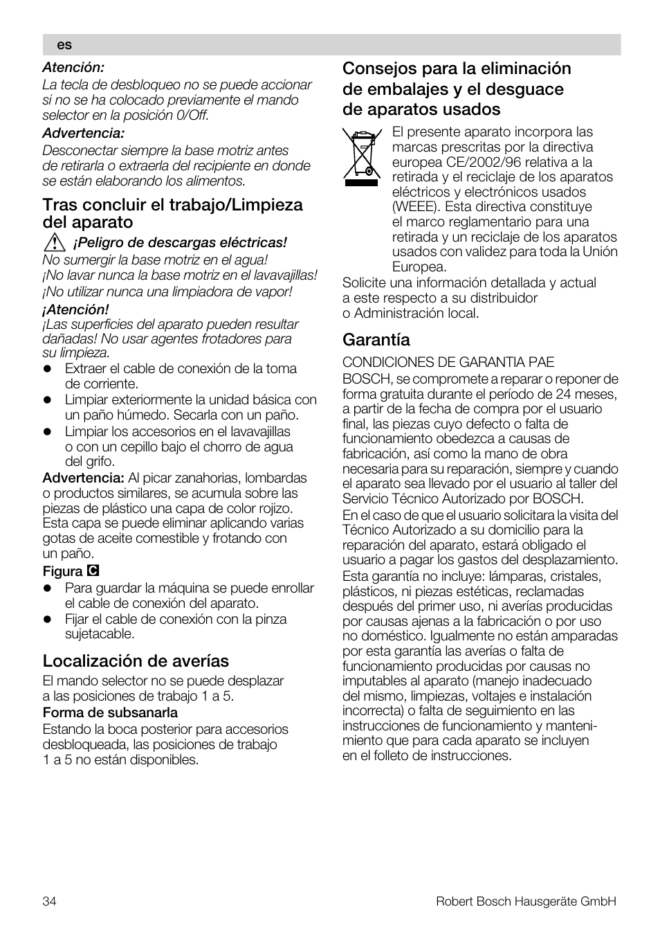Tras concluir el trabajo/limpieza del aparato, Localización de averías, Garantía | Bosch MFQ4020 Batteur blanc anthracite User Manual | Page 34 / 70