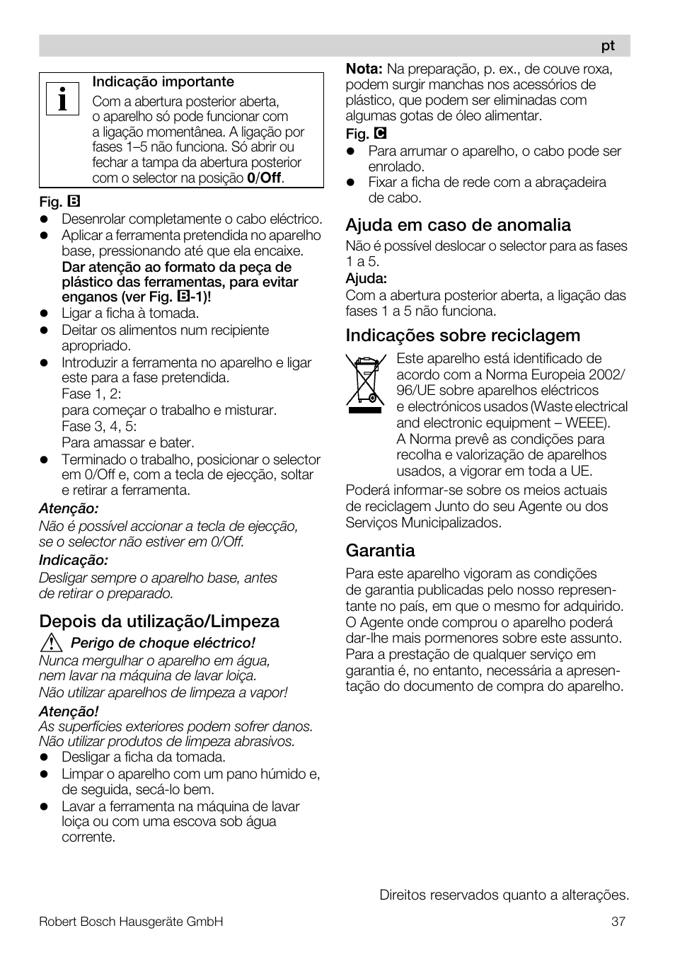 Depois da utilização/limpeza, Ajuda em caso de anomalia, Indicações sobre reciclagem | Garantia | Bosch MFQ4020 Batteur blanc anthracite User Manual | Page 37 / 70