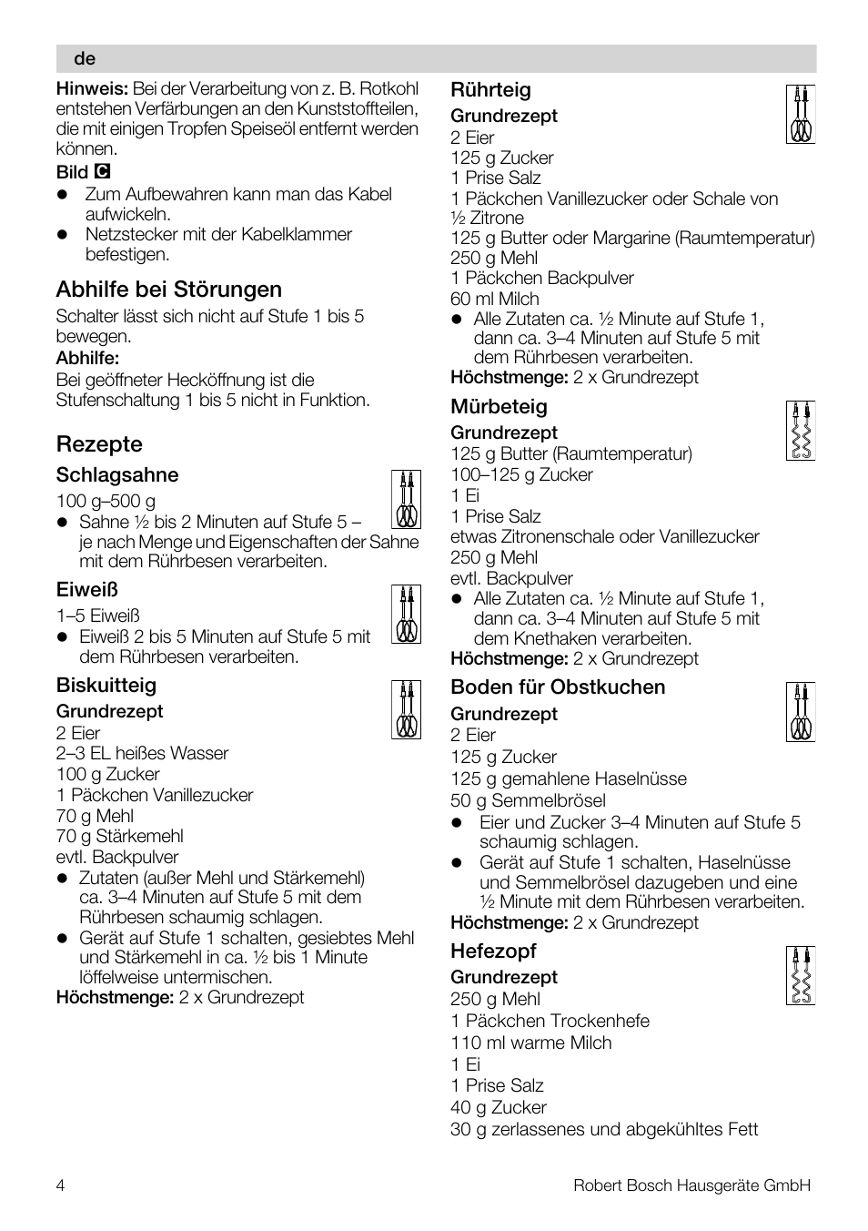 Abhilfe bei störungen, Rezepte | Bosch MFQ4020 Batteur blanc anthracite User Manual | Page 4 / 70