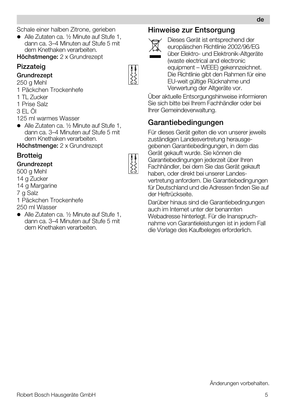Hinweise zur entsorgung, Garantiebedingungen | Bosch MFQ4020 Batteur blanc anthracite User Manual | Page 5 / 70