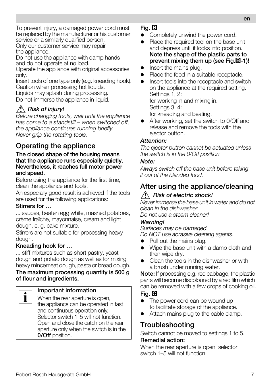 Operating the appliance, After using the appliance/cleaning, Troubleshooting | Bosch MFQ4020 Batteur blanc anthracite User Manual | Page 7 / 70