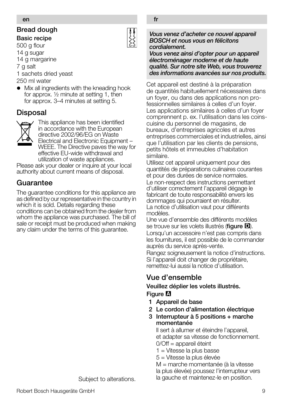 Disposal, Guarantee, Vue d’ensemble | Bosch MFQ4020 Batteur blanc anthracite User Manual | Page 9 / 70