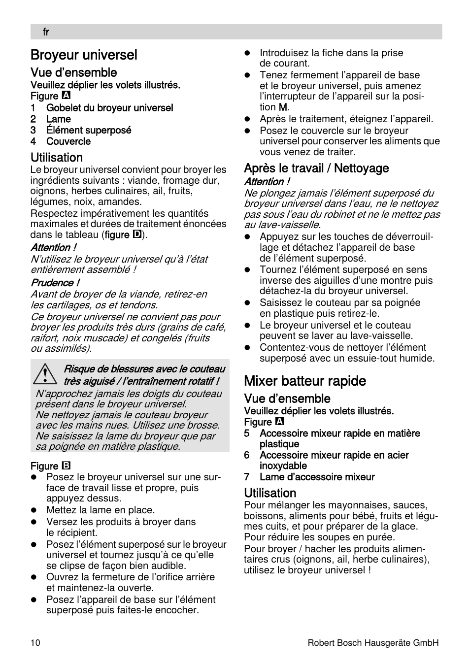 Broyeur universel, Mixer batteur rapide, Vue d’ensemble | Utilisation, Après le travail / nettoyage | Bosch MFQ4070 Batteur blanc argent User Manual | Page 10 / 62