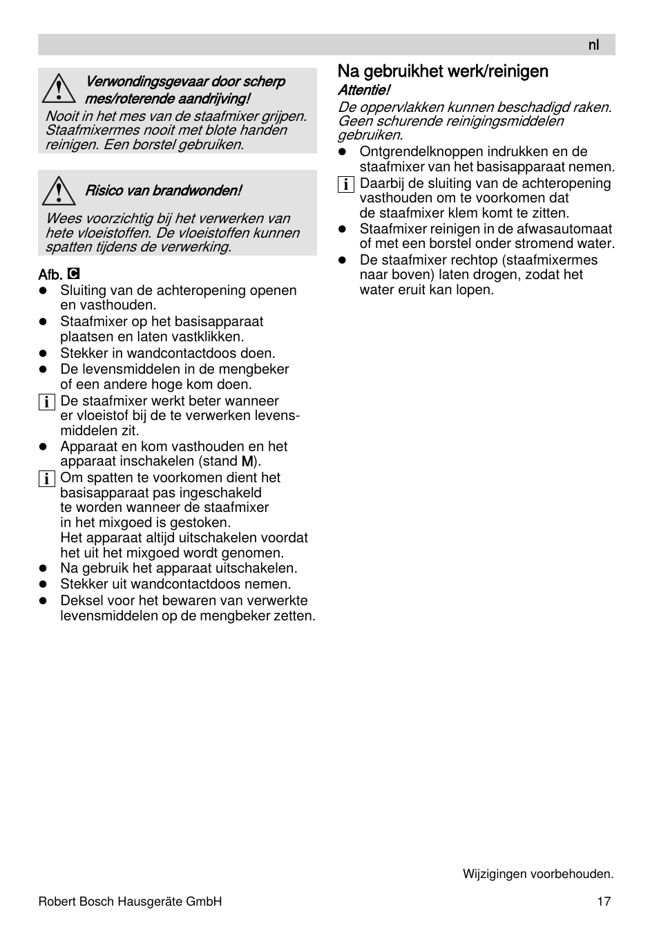 Na gebruikhet werk/reinigen | Bosch MFQ4070 Batteur blanc argent User Manual | Page 17 / 62