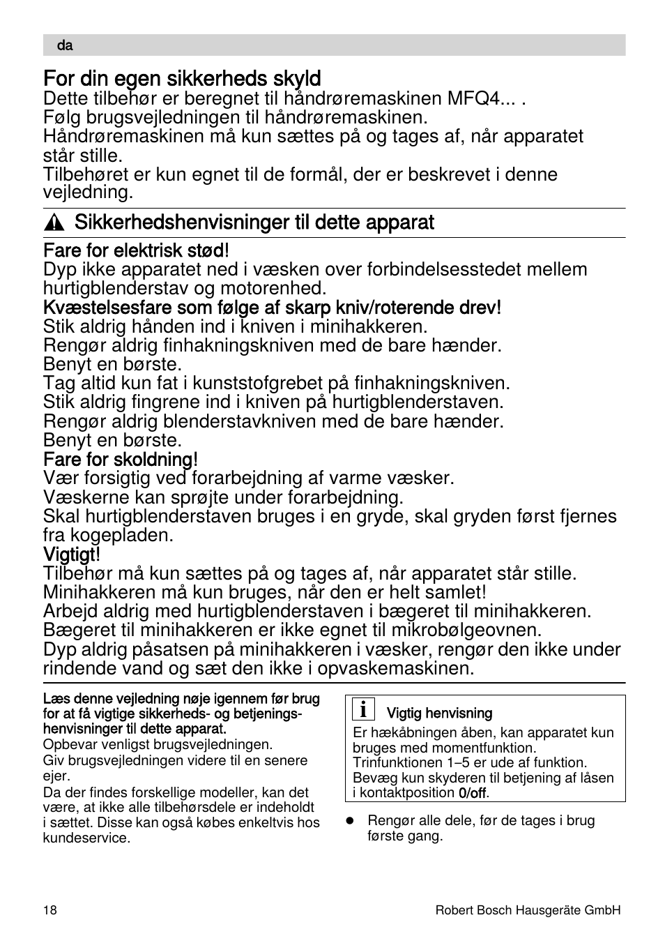 For din egen sikkerheds skyld, Sikkerhedshenvisninger til dette apparat | Bosch MFQ4070 Batteur blanc argent User Manual | Page 18 / 62