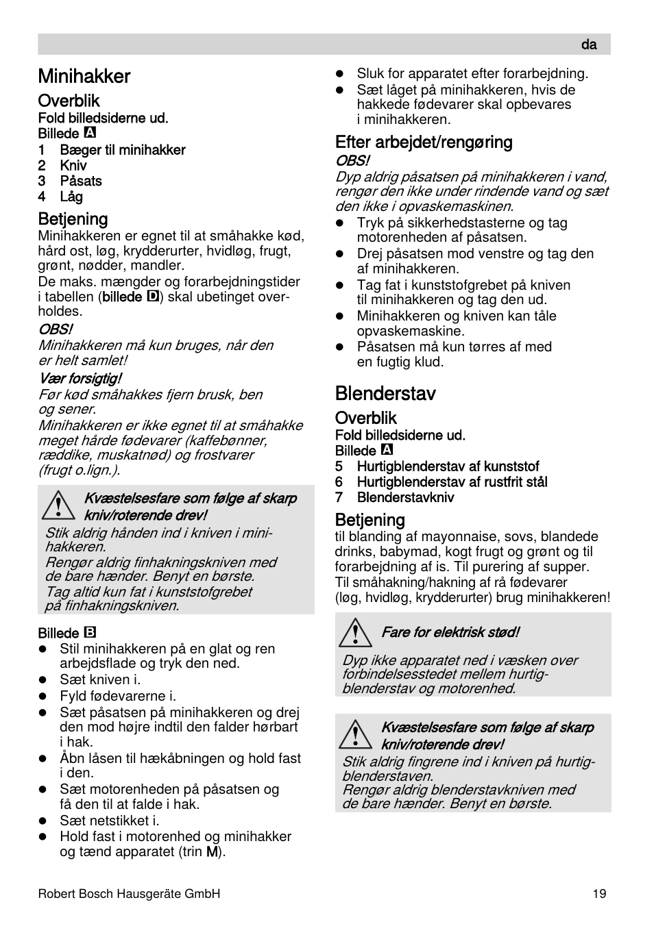 Minihakker, Blenderstav, Overblik | Betjening, Efter arbejdet/rengøring | Bosch MFQ4070 Batteur blanc argent User Manual | Page 19 / 62