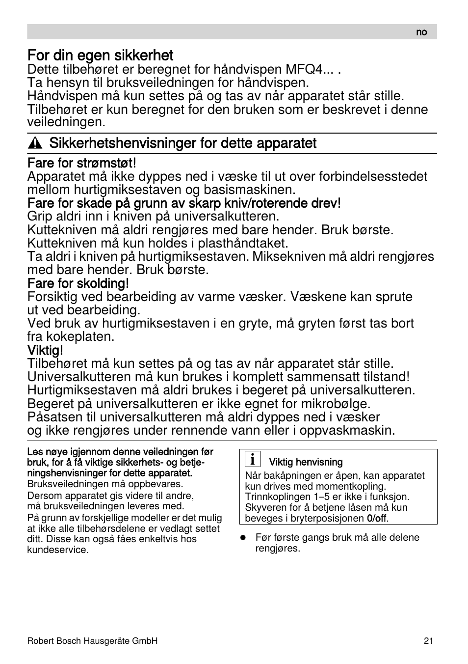 For din egen sikkerhet, Sikkerhetshenvisninger for dette apparatet | Bosch MFQ4070 Batteur blanc argent User Manual | Page 21 / 62