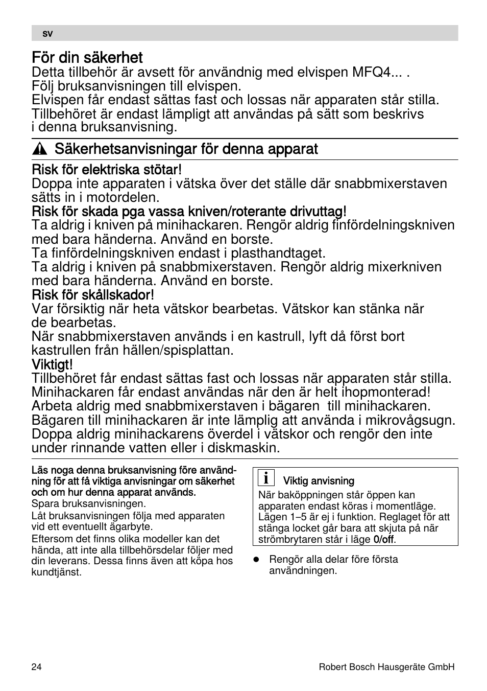 För din säkerhet, Säkerhetsanvisningar för denna apparat | Bosch MFQ4070 Batteur blanc argent User Manual | Page 24 / 62