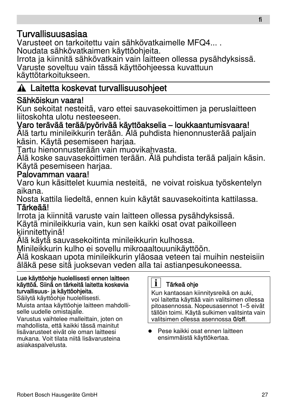 Turvallisuusasiaa, Laitetta koskevat turvallisuusohjeet | Bosch MFQ4070 Batteur blanc argent User Manual | Page 27 / 62