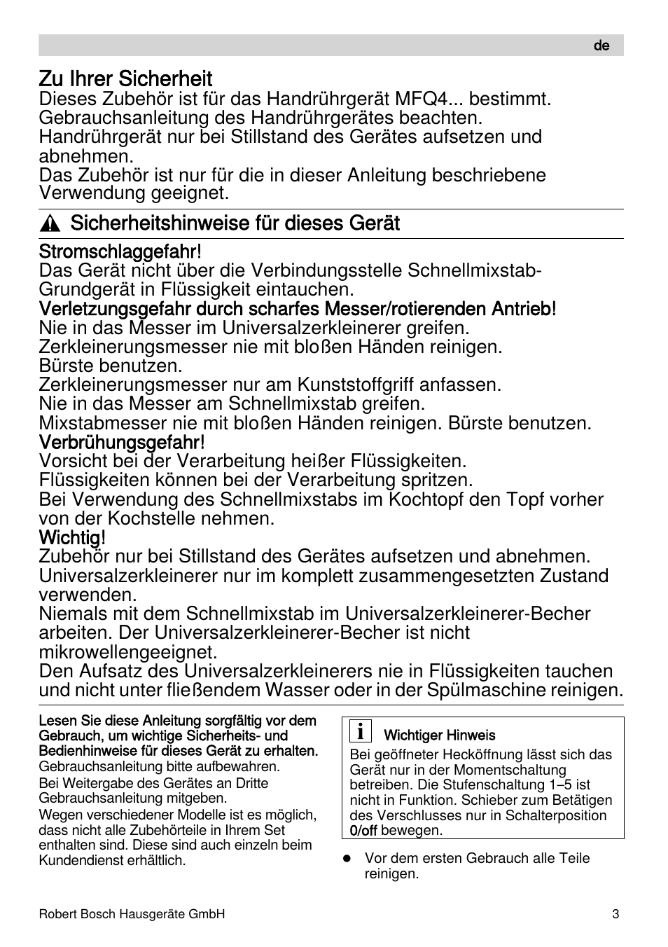 Zu ihrer sicherheit, Sicherheitshinweise für dieses gerät | Bosch MFQ4070 Batteur blanc argent User Manual | Page 3 / 62