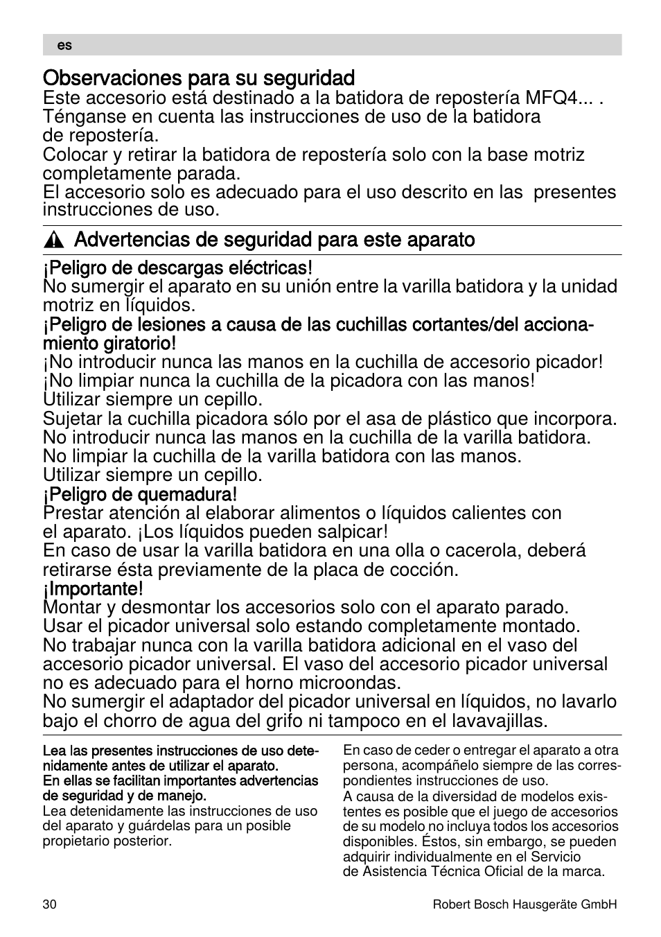 Observaciones para su seguridad, Advertencias de seguridad para este aparato | Bosch MFQ4070 Batteur blanc argent User Manual | Page 30 / 62